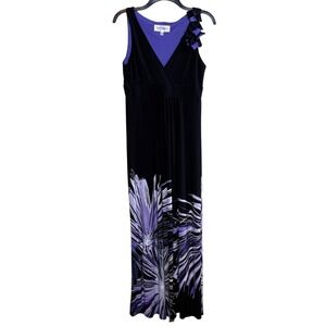 Studio I Maxi Dress Womens 8 Black Purple Floral Burst V-Neck Ruffle Shoulder